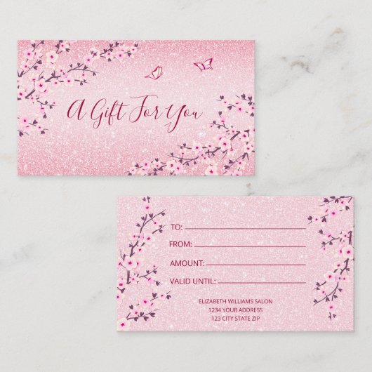 Cherry Blossom Pink Glitter Gift Kaart Visitekaartje (Voorkant / Achterkant)