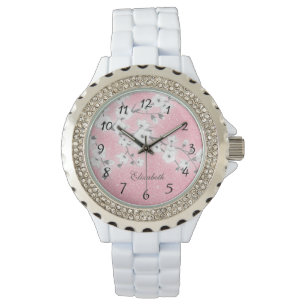 Cherry Blossom Pink Glitter Meisjesmonogram Horloge