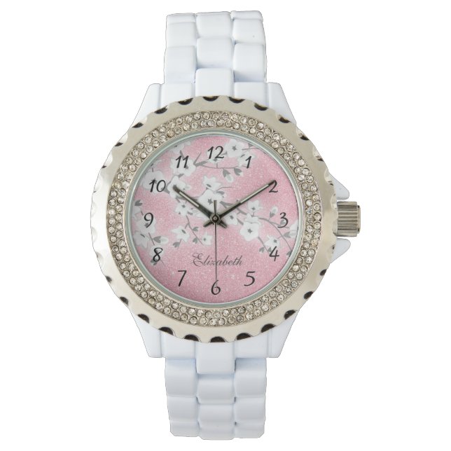 Cherry Blossom Pink Glitter | Meisjesmonogram Horloge (Voorkant)