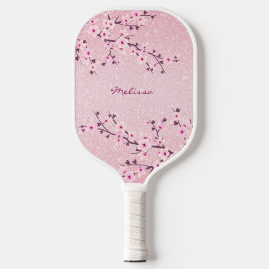  Cherry Blossom Pink Glitter Monogram Floral Pickleball Paddle (Voorkant)
