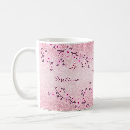 Cherry Blossom Pink Glitter Monogram Koffiemok (Links)