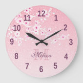  Cherry Blossom Pink Glitter Monogram Larg Grote Klok (Voorkant)