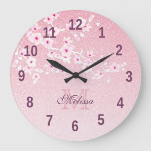 Cherry Blossom Pink Glitter Monogram Larg Grote Klok
