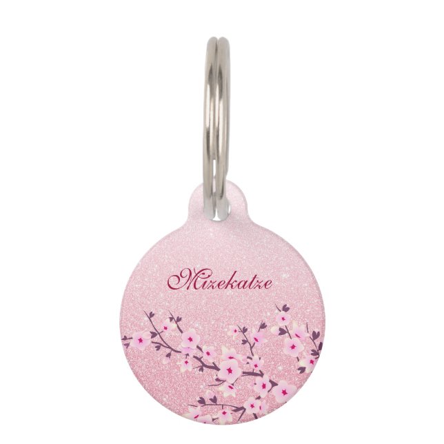 Cherry Blossom Pink Glitter Personalize Pet ID Ta Huisdierpenning (Voorkant)