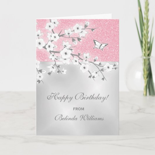 Cherry Blossom Pink Glitter Silver Custom Birthday Kaart (Voorkant)