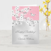 Cherry Blossom Pink Glitter Silver Custom Birthday Kaart (Gele Bloem)