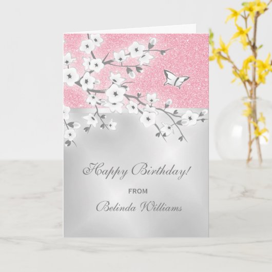 Cherry Blossom Pink Glitter Silver Custom Birthday Kaart (Gele Bloem)