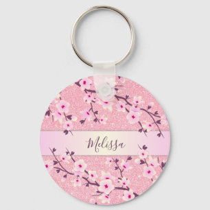 Cherry Blossom Pink Glitter Voeg Naam toe Sleutelhanger