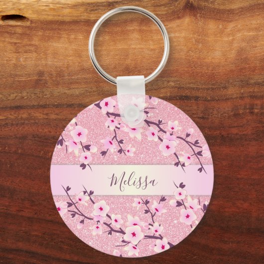 Cherry Blossom Pink Glitter Voeg Naam toe Sleutelhanger (Achterkant)