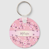 Cherry Blossom Pink Glitter Voeg Naam toe Sleutelhanger (Achterkant)