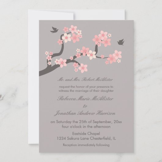 Cherry Blossom Pink/Gray Wedding Invitation Kaart (Voorkant)