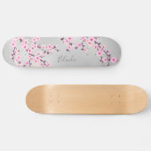 Cherry Blossom Pink Grey Asia Floral Monogram Persoonlijk Skateboard (Horizontaal)
