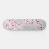 Cherry Blossom Pink Grey Asia Floral Monogram Persoonlijk Skateboard (Horizontaal)