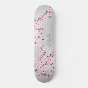 Cherry Blossom Pink Grey Asia Floral Monogram Persoonlijk Skateboard