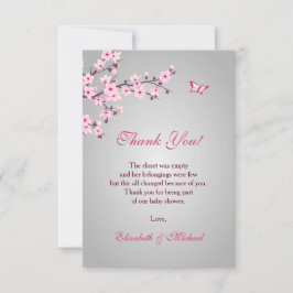 Cherry Blossom Pink Grey Baby shower Dank je Bedankkaart