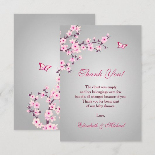 Cherry Blossom Pink Grey Baby shower Dank je Bedankkaart (Voorkant / Achterkant)