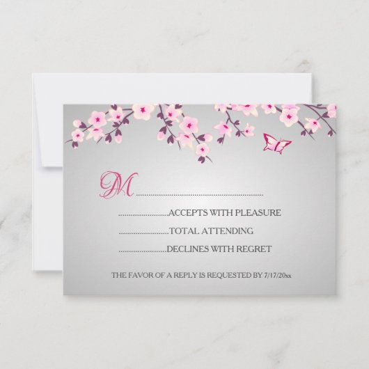 Cherry Blossom Pink Grey Baby shower RSVP (Voorkant)