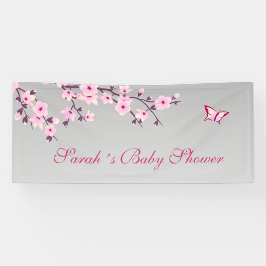 Cherry Blossom Pink Grey Custom Baby shower Spandoek (Horizontaal)