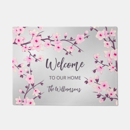 Cherry Blossom Pink Grey Familienaam Welkom Deurmat (Voorkant)