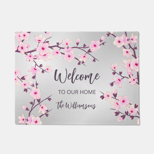 Cherry Blossom Pink Grey Familienaam Welkom Deurmat (Voorkant)