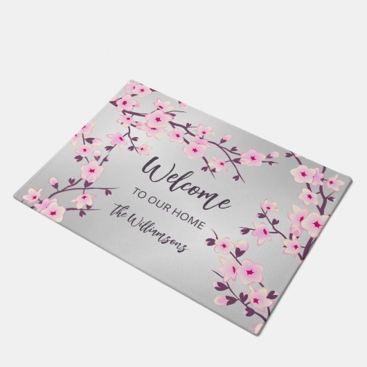 Cherry Blossom Pink Grey Familienaam Welkom Deurmat (Schuin)