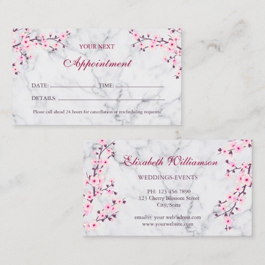 Cherry Blossom Pink Grey Marble Appointment Visitekaartje (Voorkant / Achterkant)