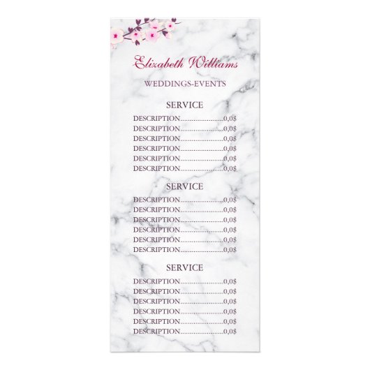 Cherry Blossom Pink Grey Marble Service Prijzen Reclamekaart (Voorkant)