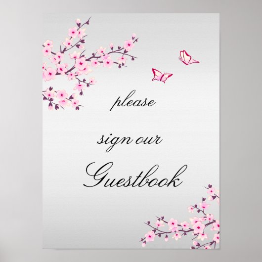 Cherry Blossom Pink Grey Sign Guestbook Poster (Voorkant)