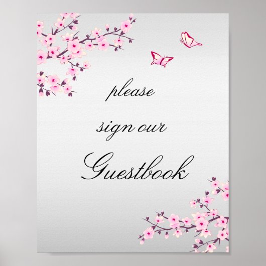 Cherry Blossom Pink Grey Sign Guestbook Poster (Voorkant)