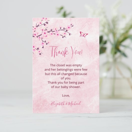 Cherry Blossom Pink Marble Baby shower Dank je Bedankkaart (Staand voorkant)