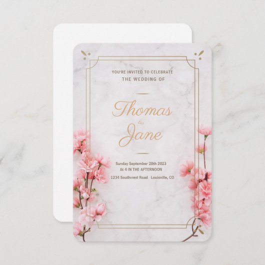 Cherry Blossom Pink Marble Wedding Invitation Kaart (Voorkant / Achterkant)