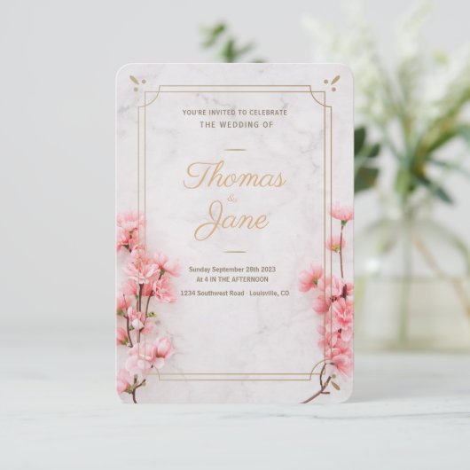 Cherry Blossom Pink Marble Wedding Invitation Kaart (Staand voorkant)