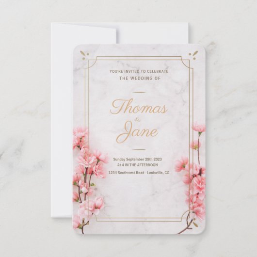 Cherry Blossom Pink Marble Wedding Invitation Kaart (Voorkant)