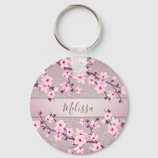 Cherry Blossom Pink Mauve Glitter Sleutelhanger (Voorkant)