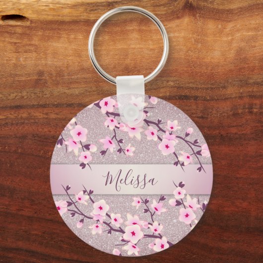 Cherry Blossom Pink Mauve Glitter Sleutelhanger (Voorkant)