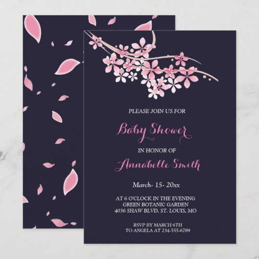 Cherry Blossom Pink navy floral Baby shower Kaart (Voorkant / Achterkant)