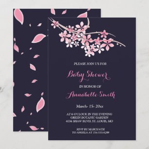 Cherry Blossom Pink navy floral Baby shower Kaart