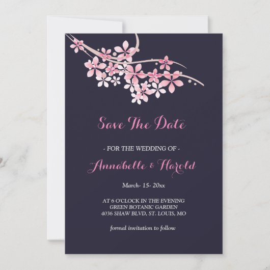 Cherry Blossom Pink navy floral save the date (Voorkant)