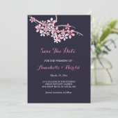 Cherry Blossom Pink navy floral save the date (Staand voorkant)