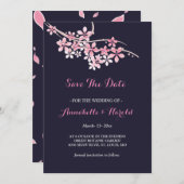 Cherry Blossom Pink navy floral save the date (Voorkant / Achterkant)