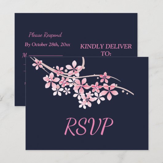 Cherry Blossom Pink navy RSVP Uitnodiging Briefkaart (Voorkant / Achterkant)