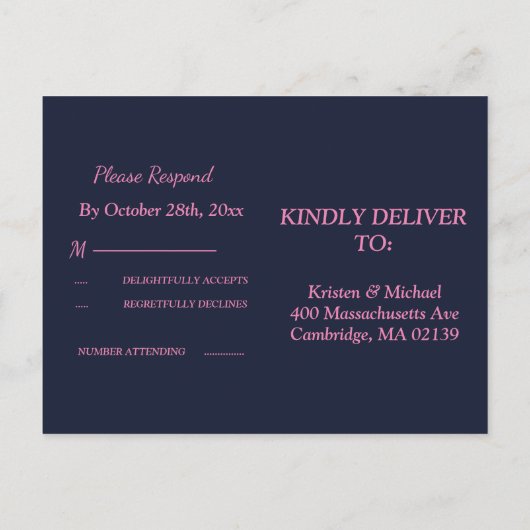 Cherry Blossom Pink navy RSVP Uitnodiging Briefkaart (Achterkant)