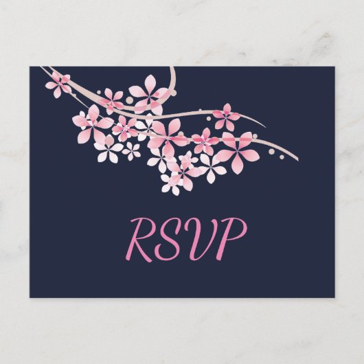 Cherry Blossom Pink navy RSVP Uitnodiging Briefkaart (Voorkant)