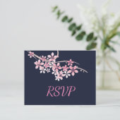 Cherry Blossom Pink navy RSVP Uitnodiging Briefkaart (Staand voorkant)