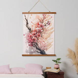 Cherry Blossom Pink Red Waterverf Flowers Floral Hangend Wandkleed