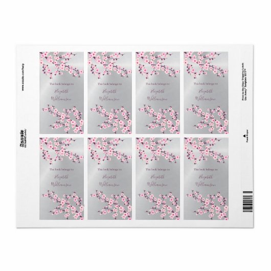 Cherry Blossom Pink Silver Floral Bookplate Etiket (Full Sheet)