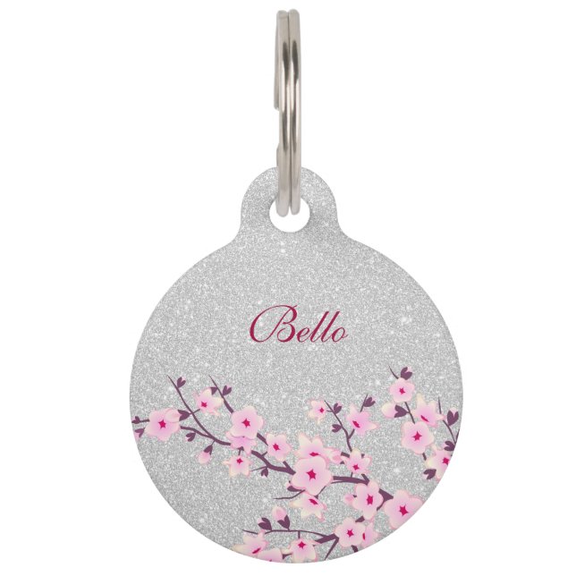 Cherry Blossom Pink Silver Glitter Adres Huisdierpenning (Voorkant)