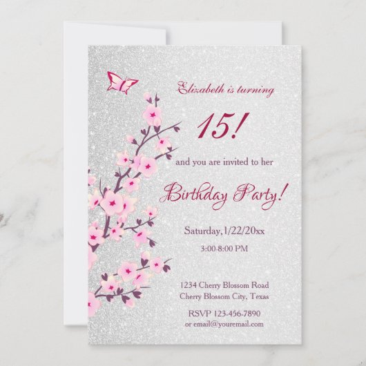 Cherry Blossom Pink Silver Glitter Birthday Kaart (Voorkant)