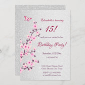 Cherry Blossom Pink Silver Glitter Birthday Kaart (Voorkant / Achterkant)