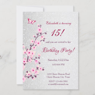Cherry Blossom Pink Silver Glitter Birthday Kaart